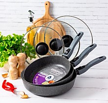 Набор сковородок серии INDIGO индукция, 3 предмета (24см/26см/28см), с крышками, съемная ручка